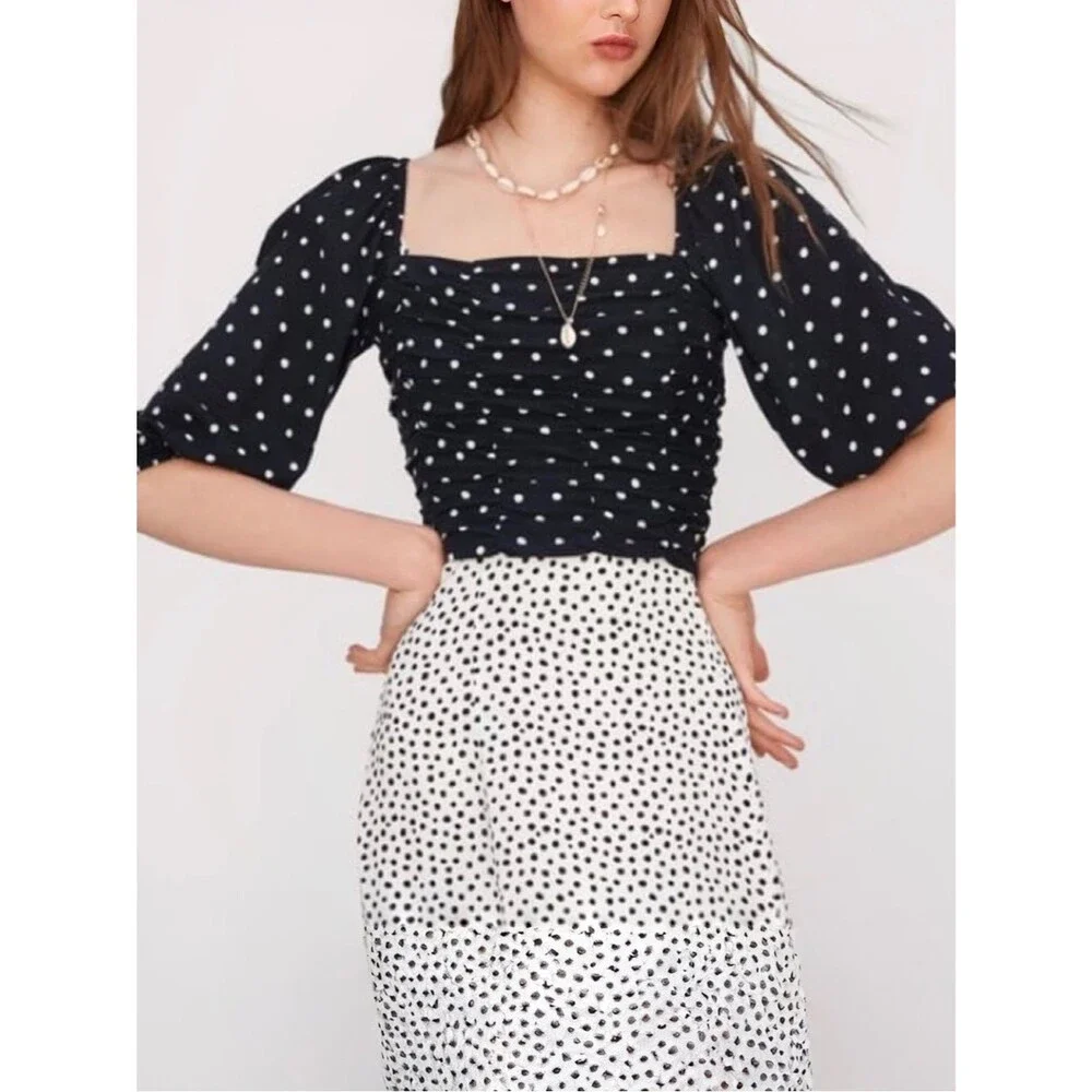 Zara Ruched Puff Sleeve  Polka Dot Crop Top | Black / White | Small